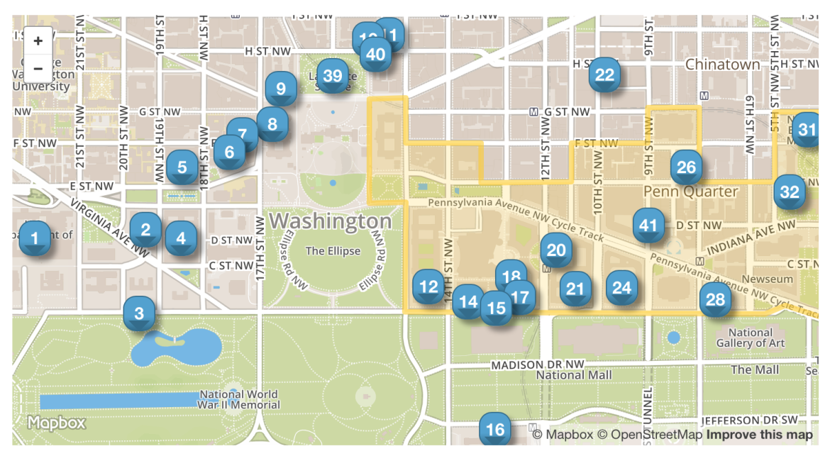 Historic places marked on an image of the DC