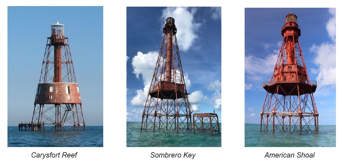 GSA Auctions Floriday Keys Lighthouses.  Pictured from left to right: Carysfort Reef, Sombrero Key and American Shoal
