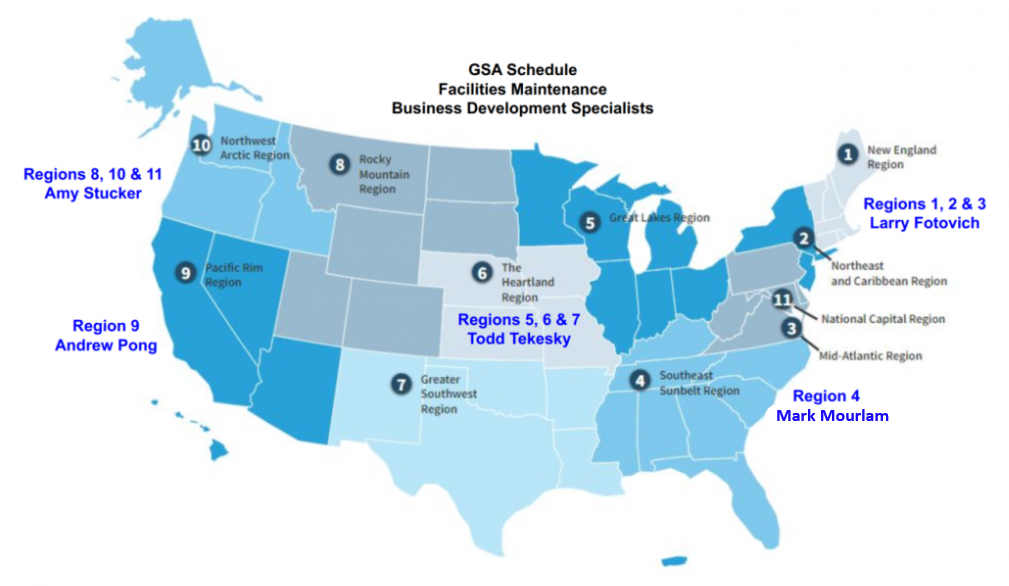 A map of GSA Schedule Facilities Maintenance Business Development Specialists and their assigned states