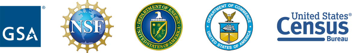 Five U.S. government agency logos and seals, GSA, NSF, Energy, Commerce, Census Bureau