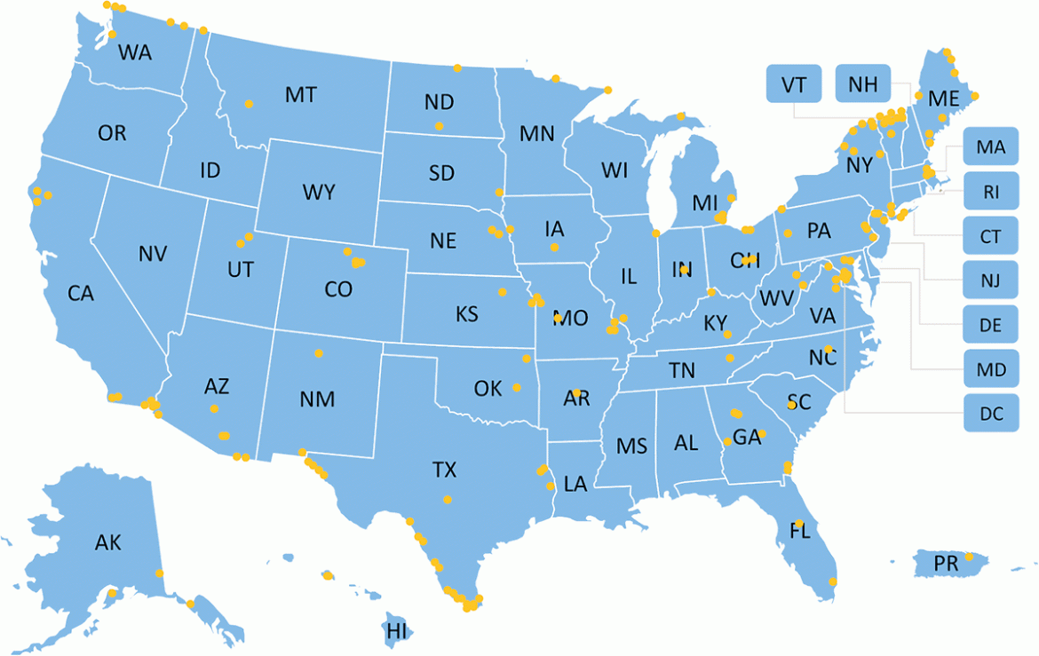 U.S. map in blue with 2-letter state abbreviations and yellow indicator dots all over it