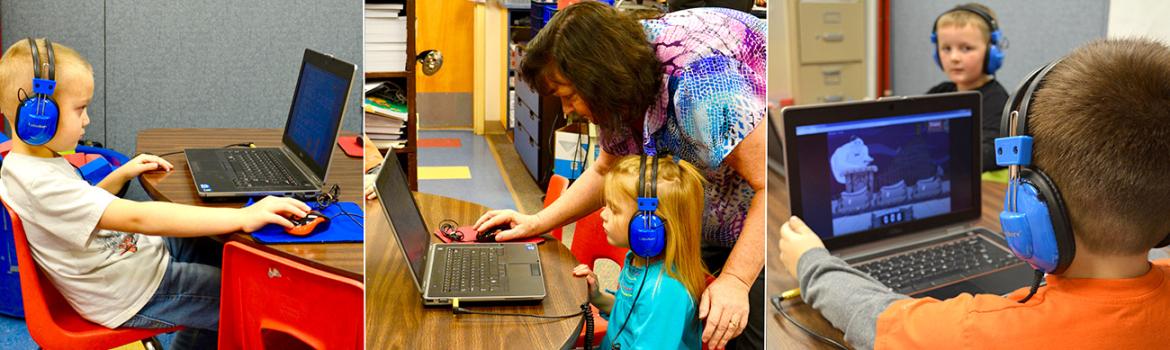 3-photo montage of young children wearing headphones and working on laptops in a school environment