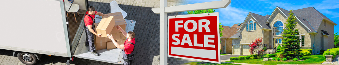 Photo showing a stock image of a moving company and a house with a for sale sign.