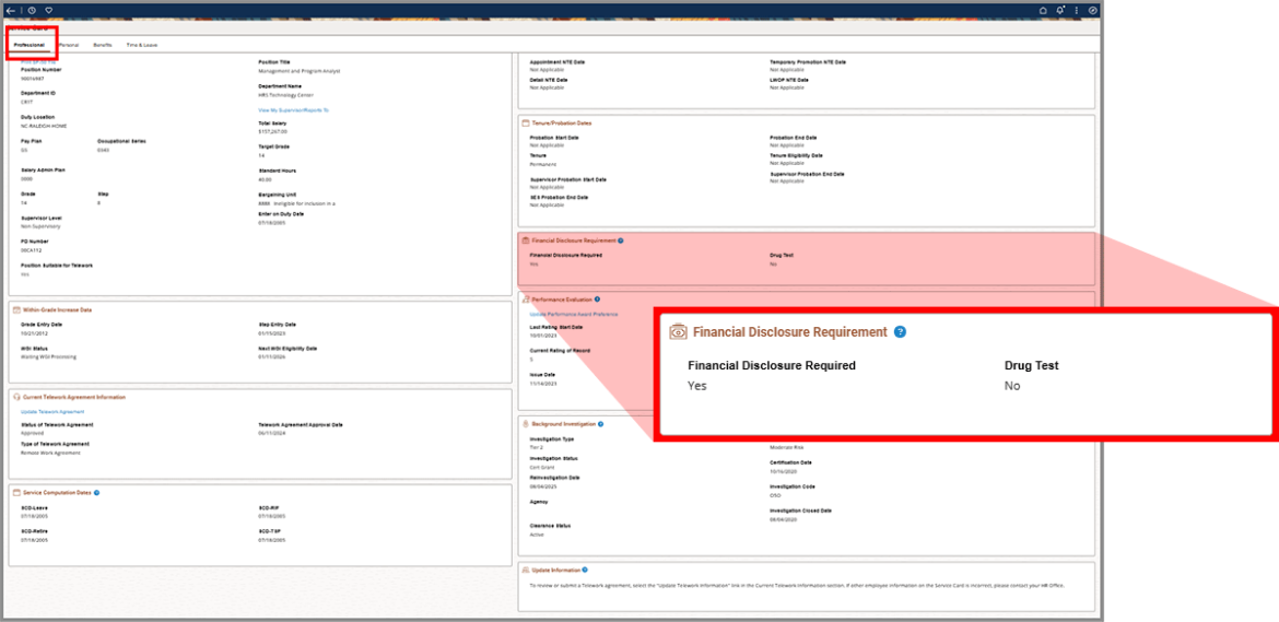  Screenshot showing financial disclosure requirement section flying out from professional tab.