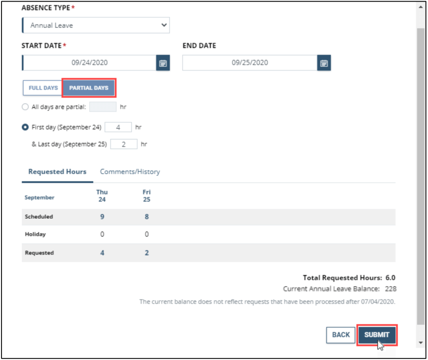 employee timesheet partial submit