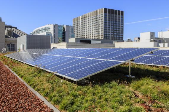 View of solar panels on the green roof of 50 United Nations Plaza in San Francisco