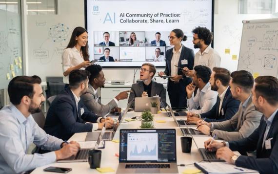 Group of people around a table with a whiteboard that shows writing AI community of practice