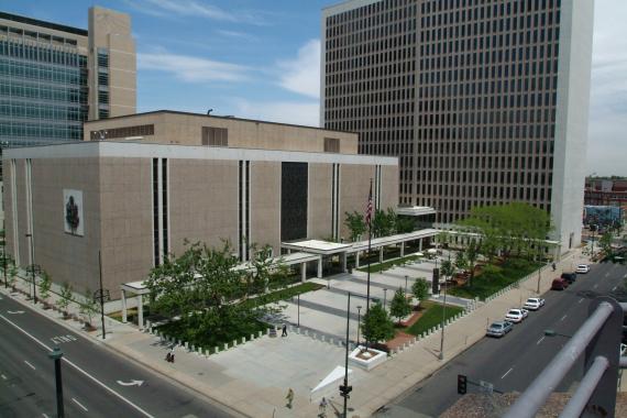 Full view of the Byron Rogers Federal Building in downtown Denver.