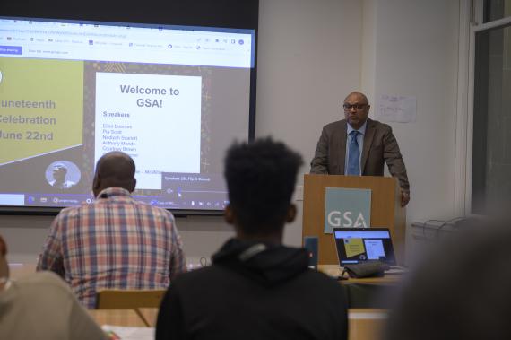 GSA employee Rickey Parker Caldwell leading discussion during Juneteenth program at GSA Building 1800 F Street NW, Washington D.C. June 22, 2023