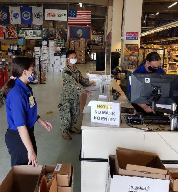 Clerks assist a uniformed customer at GSA’s retail store located at Naval Base Guam. GSA has 13 retail locations throughout the United States INDO-Pacific Command. There are also additional retail locations in the continental United States.