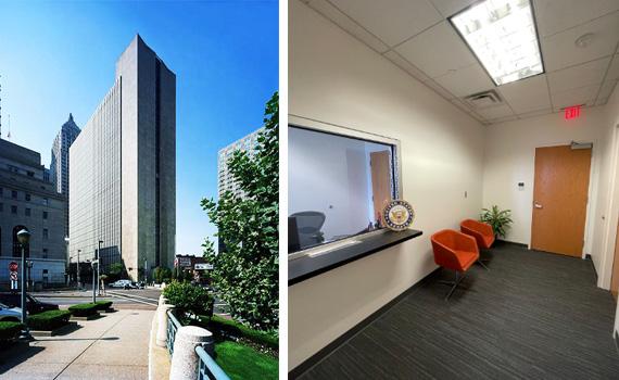 Photo left: William S. Moorhead Federal Building in Pittsburgh, Pennsylvania. Photo right: Reception area 