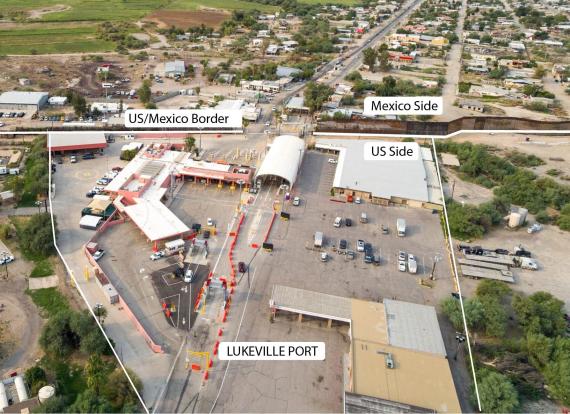 An aerial view shows the Lukeville Land Port of Entry in relation to the U.S.-Mexico border.