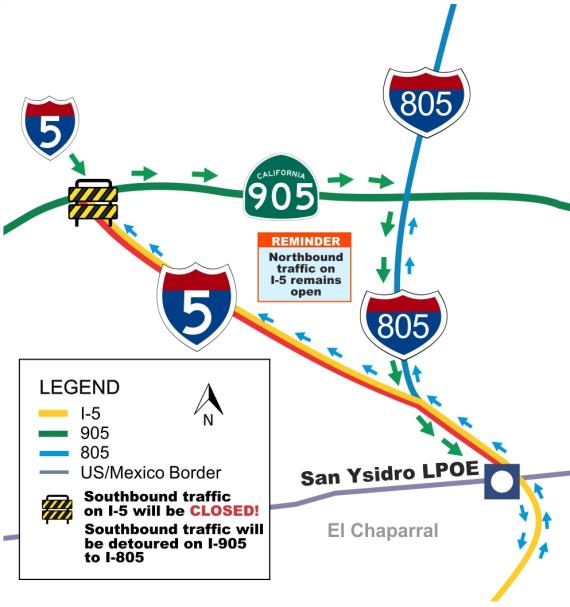 Detour Map shows where traffic will be rerouted from I-5 South down the 905 to the 805 South. Port remains open