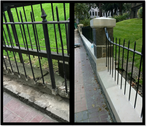 A collage of two pictures of the Pioneer Courthouse walkway - two different angles