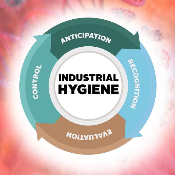 Circle chart with Industrial hygiene in the middle, and four connected sections labelled anticipation, recognition, evaluation and control