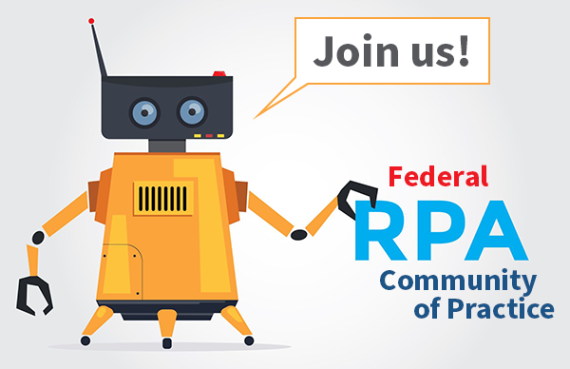 A root with a word bubble that says Join us! Text: Federal RPA Community of Practice