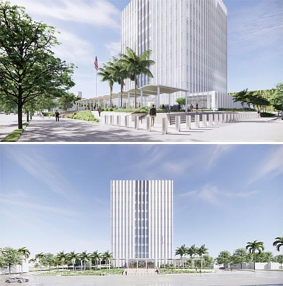 Two renderings of a white, multi-story, triangular-shaped building with a U.S. flag, and with palm trees and walking spaces surrounding it