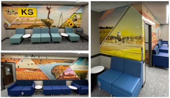 3 photos of office space with blue chairs featuring Kansas themed wall art