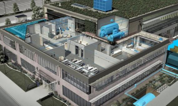 Rendering of an office building with a cutaway showing water systems throughout the building, such as pipes.