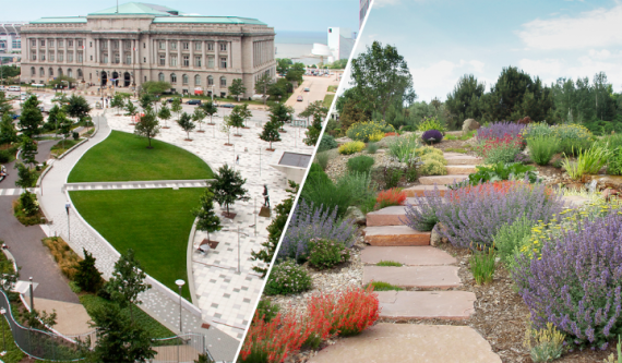 Split image showing two landscapes at federal facilities. One show a manicured lawn with paving and the other show a more natural landscape.