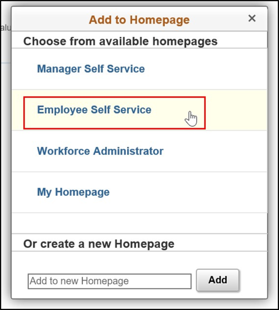 Timesheet entry with dialog box showing available homepages to add tile with employee self service highlighted