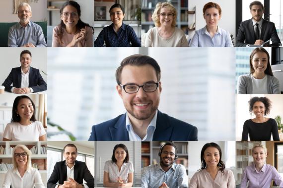 stock image of various individuals meeting online