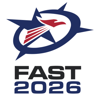 Dark blue and red illustration of a circle with an eagle inside, with the words “FAST 2024” underneath the shapes.