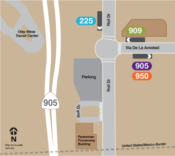 A map showing the relocation of bus stops from the Otay Mesa Transit Center to their temporary positions near Roll Drive