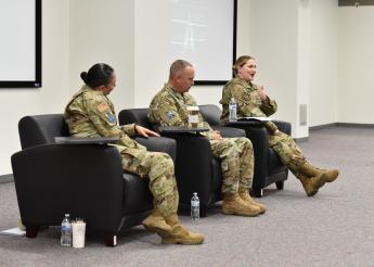 A group panel answered questions from the audience during the Region 8 Veterans Program. Panel members were CMSgt Sevin Balkuvva