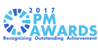 blue graphic with text: PM Awards