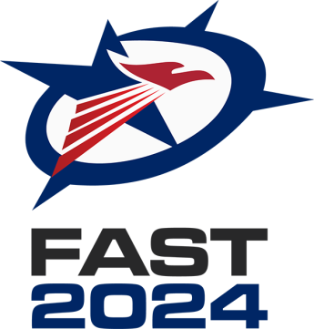 Dark blue and red illustration of a circle with an eagle inside, with the words “FAST 2024” underneath the shapes.