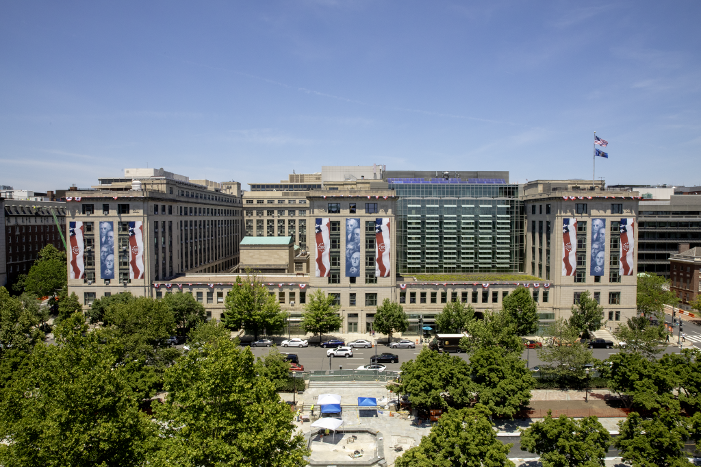 The GSA headquarters building exterior is decorated to honor and celebrate the nation's 250th birthday.