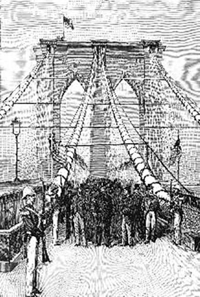 1883 magazine illustration of people at an event on the Brooklyn Bridge