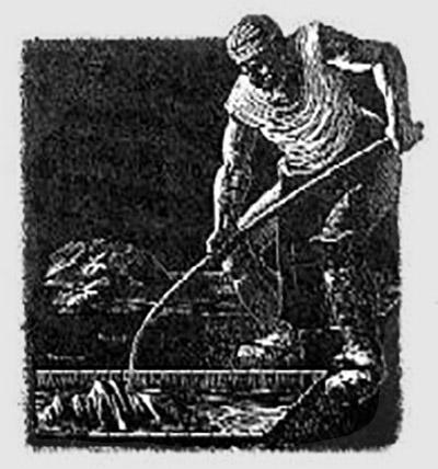 Illustration of tanyard worker in short-sleeve shirt, holding long hooked tool over animal hides