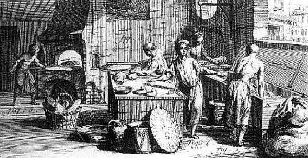 Mid-18th century black and white Illustration of five people at work in a bakery