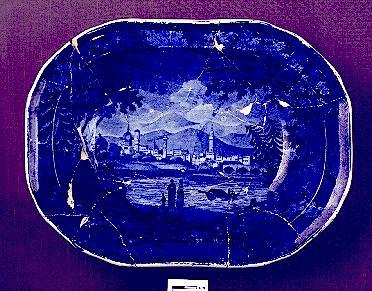 A Chatham Street Oyster House staffordshire vegetable plate decorated with the "Castle of Saint Angelo" pattern, 1840s
