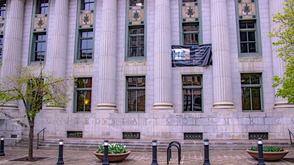 Front exterior of the Frank E. Moss U.S. Courthouse off Main Street in Salt Lake City, UT. Photo by Richard Stebbins