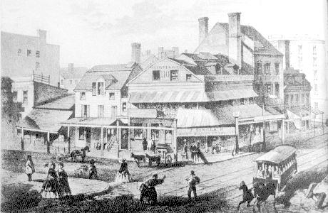 1861 drawing of the corner of Pearl and Chatham Streets with buildings, people, horse-drawn streetcars
