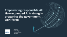 A blue background with a globe and the text "How expanded AI training is preparing the government workforce"