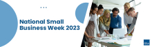 National Small Business Week 2023 text next to an image of a diverse group of people looking at a laptop 