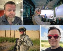 pictures of Dennis Addesso (top row) works as a Workplace Services Specialist in Philadelphia; Addesso, in the U.S. Marine Corps on a convoy in Iraq in 2004. Adam Winchester (bottom row) as a soldier in the U.S. Army in Iraq in 2008; Winchester now a program analyst with Fleet Management. 