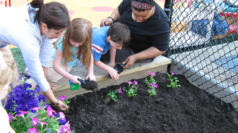 Child care providers helping children plants flowers in raised garden bed.