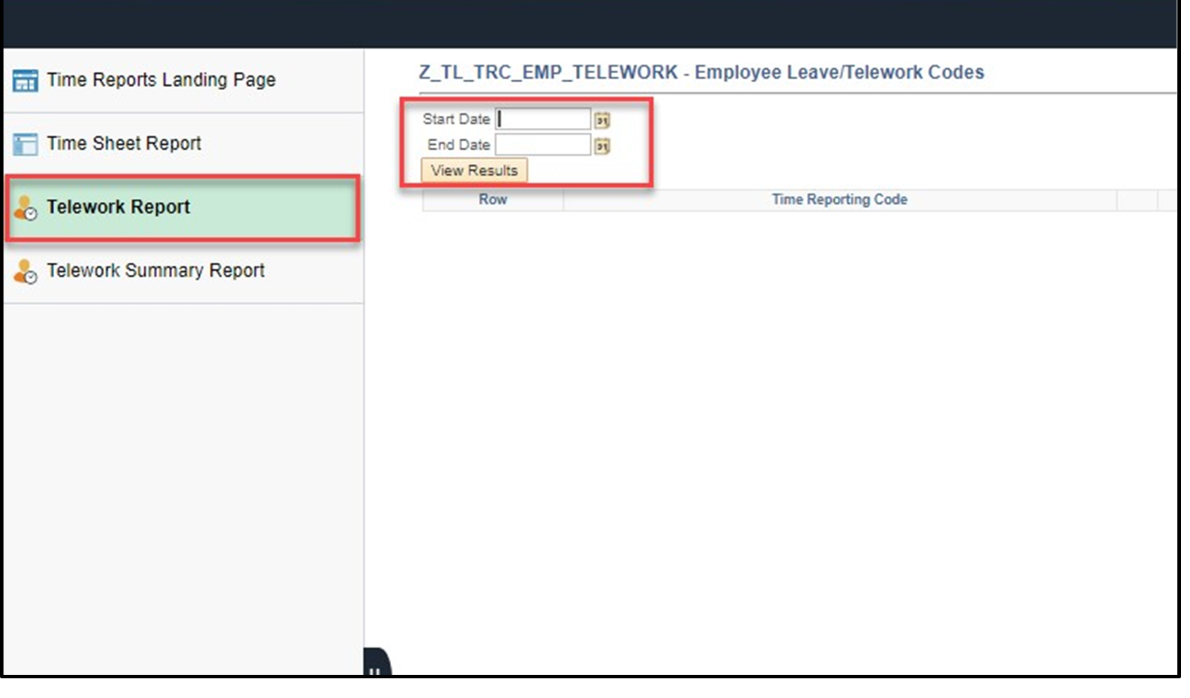 Timesheet entry for telework with start date, end date, and view results button highlighted