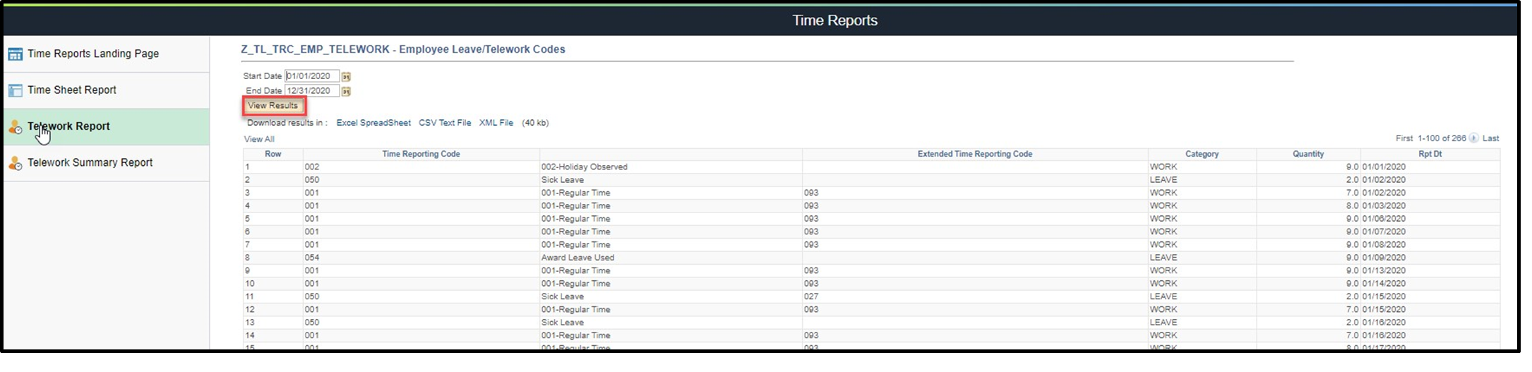 Time entry with view results highlighted and listing of results