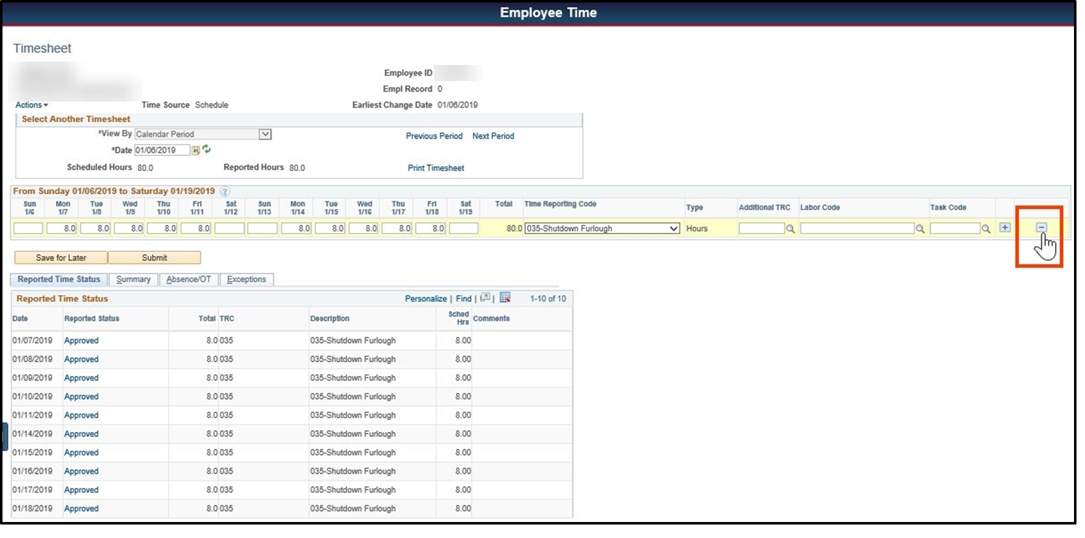 Time entry with furlough time reporting code and minus button selected