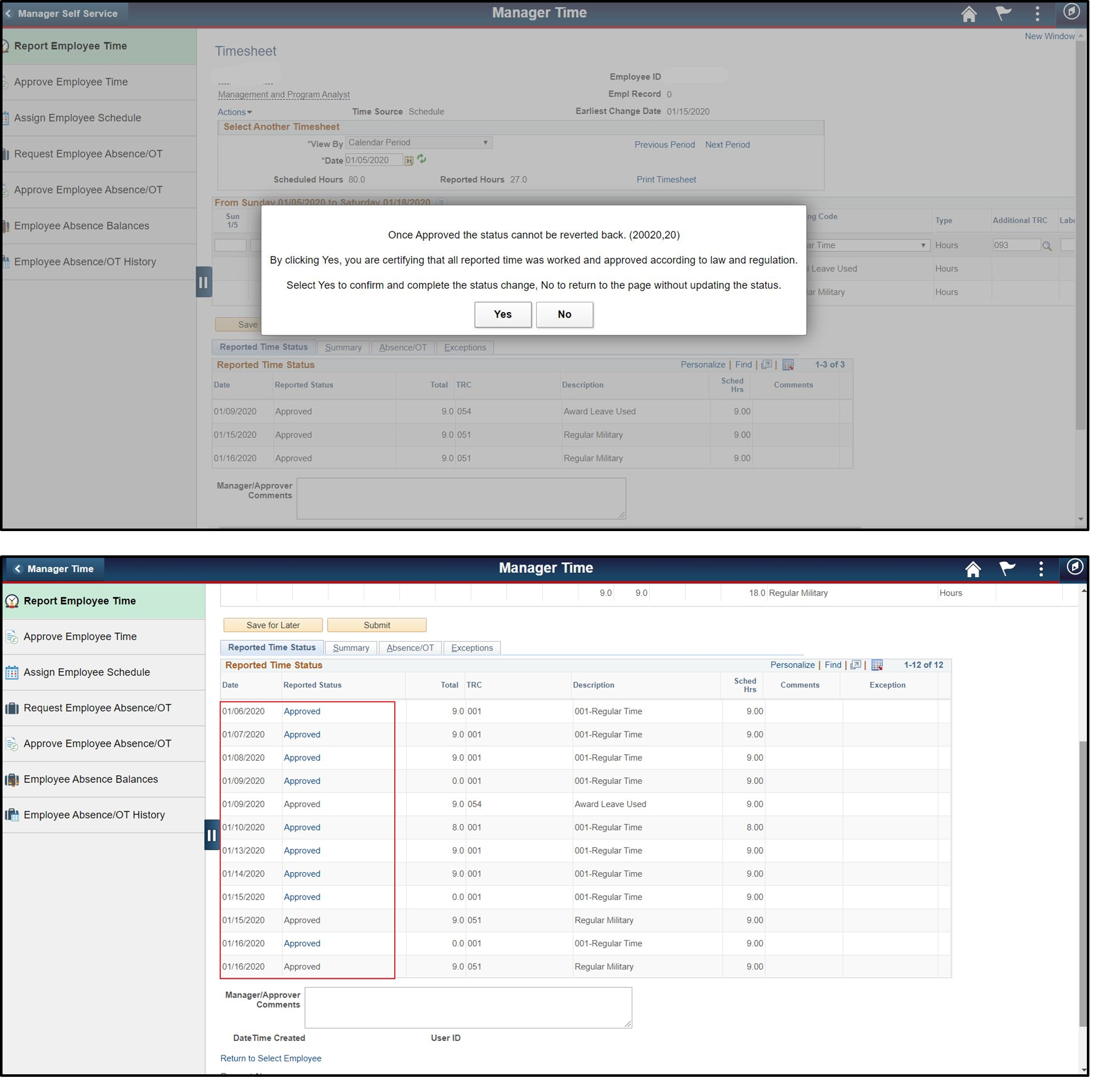 Timesheet entry with submission confirmation dialog box showing yes or no buttons