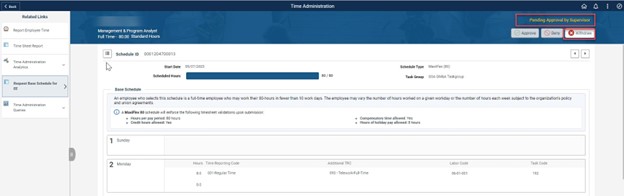 Timesheet entry with pending approval of supervisor highlighted