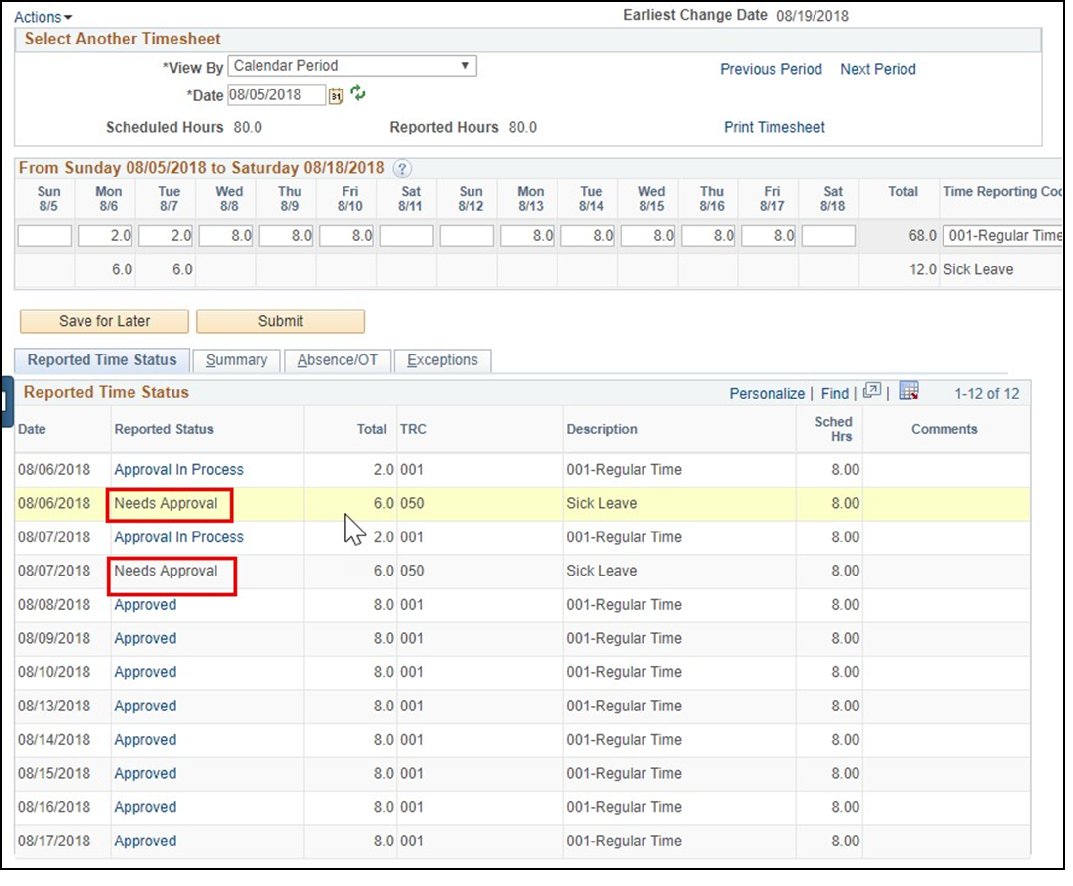 Timesheet entry with needs approval items highlighted in the reported status column
