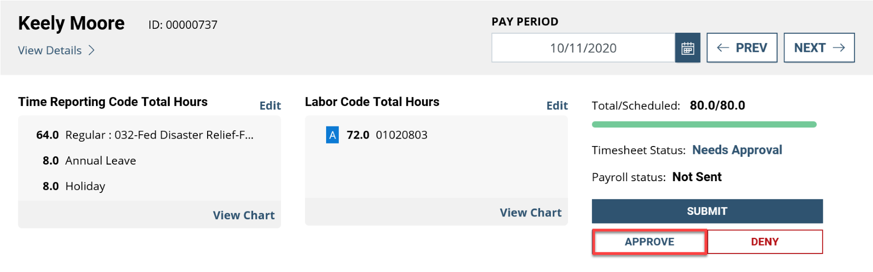 Timesheet entry created by supervisor for employee with approve button highlighted