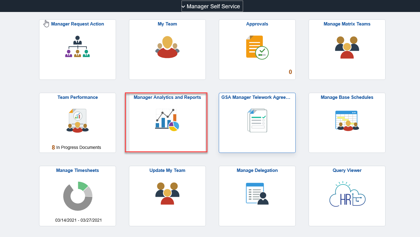 Screenshot of the Manager Self Service homepage with Manager Analytics and Reports highlighted